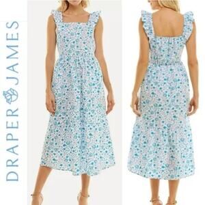 Draper James Womens Size Large Floral Smocked Ruffle Strap Midi Dress Blue White